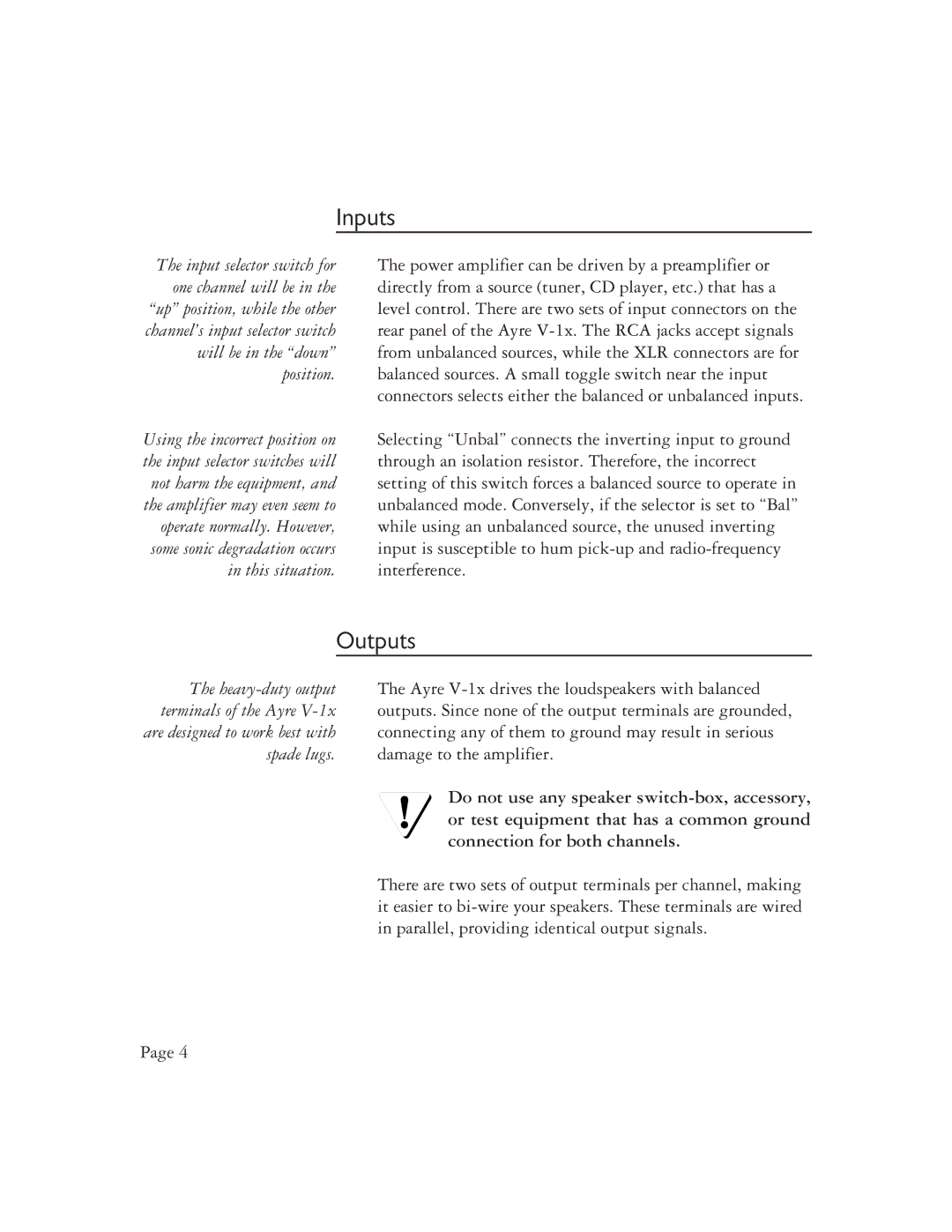 Ayre Acoustics V-1x owner manual Inputs, Outputs 