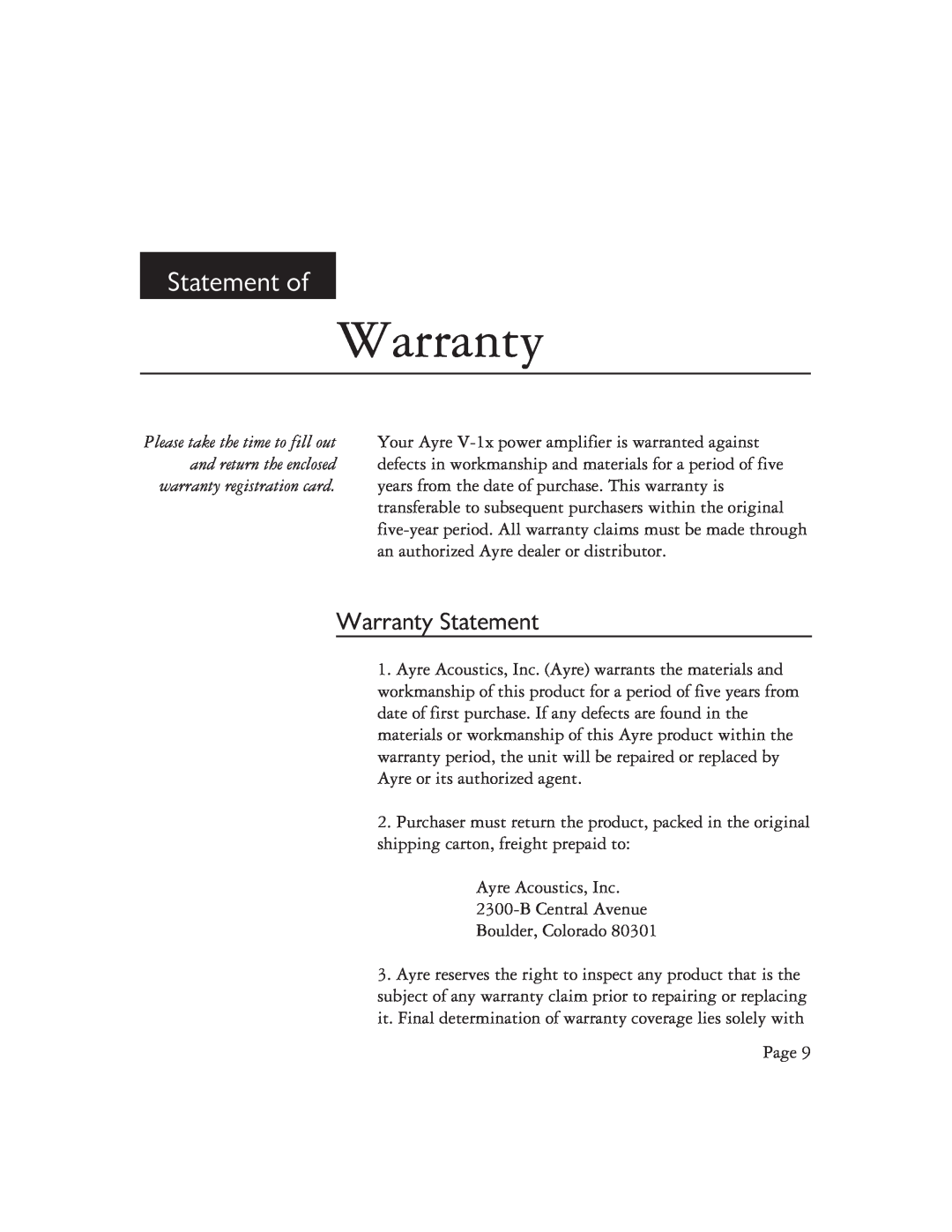 Ayre Acoustics V-1x owner manual Statement of, Warranty Statement 