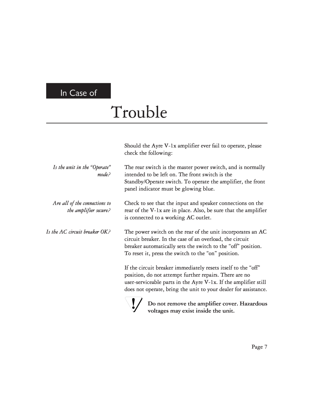 Ayre Acoustics V-1x owner manual Trouble, In Case of 