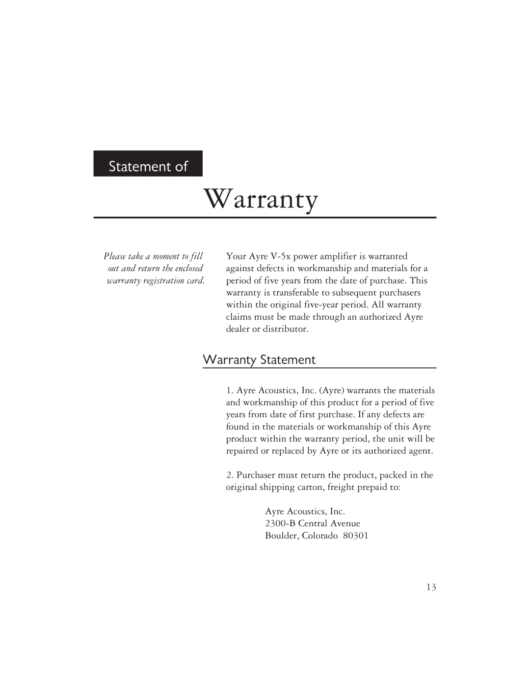 Ayre Acoustics V-5x owner manual Warranty Statement 