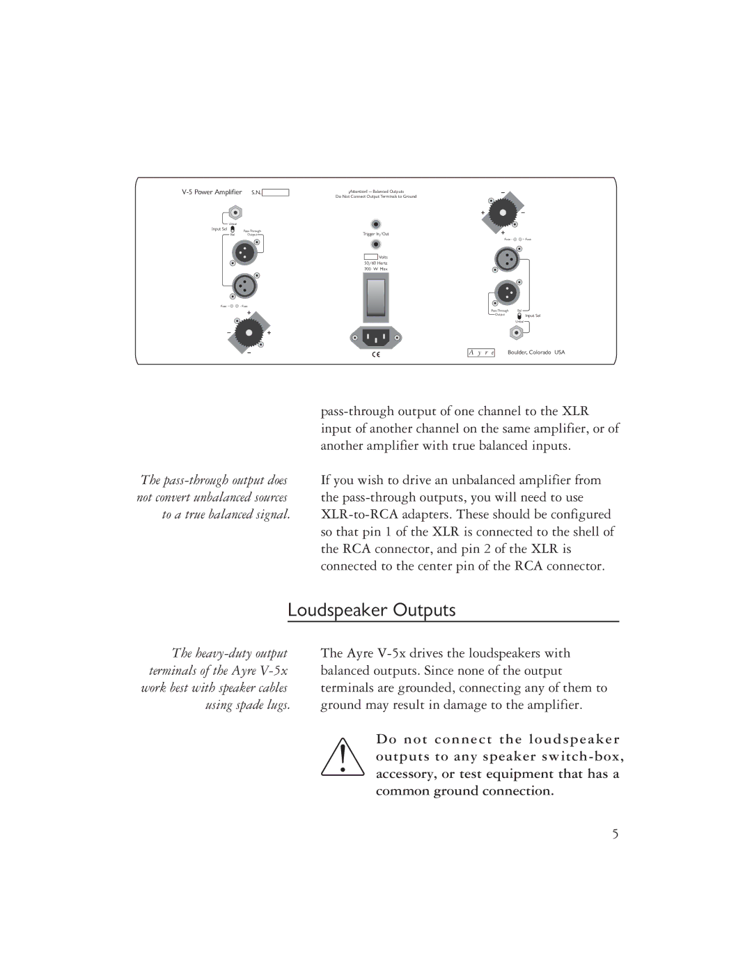 Ayre Acoustics V-5x owner manual Loudspeaker Outputs, Power Amplifier S.N 