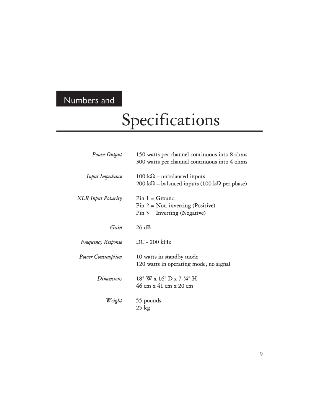 Ayre Acoustics V-5x owner manual Specifications, Numbers and 
