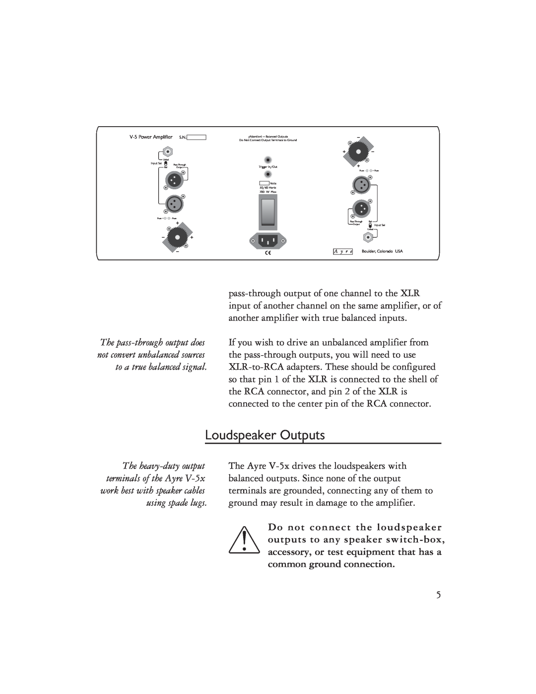 Ayre Acoustics V-5x owner manual Loudspeaker Outputs 