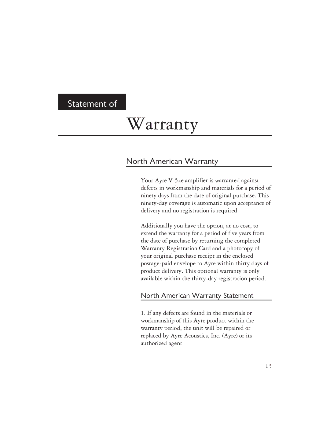 Ayre Acoustics V-5XE owner manual North American Warranty 