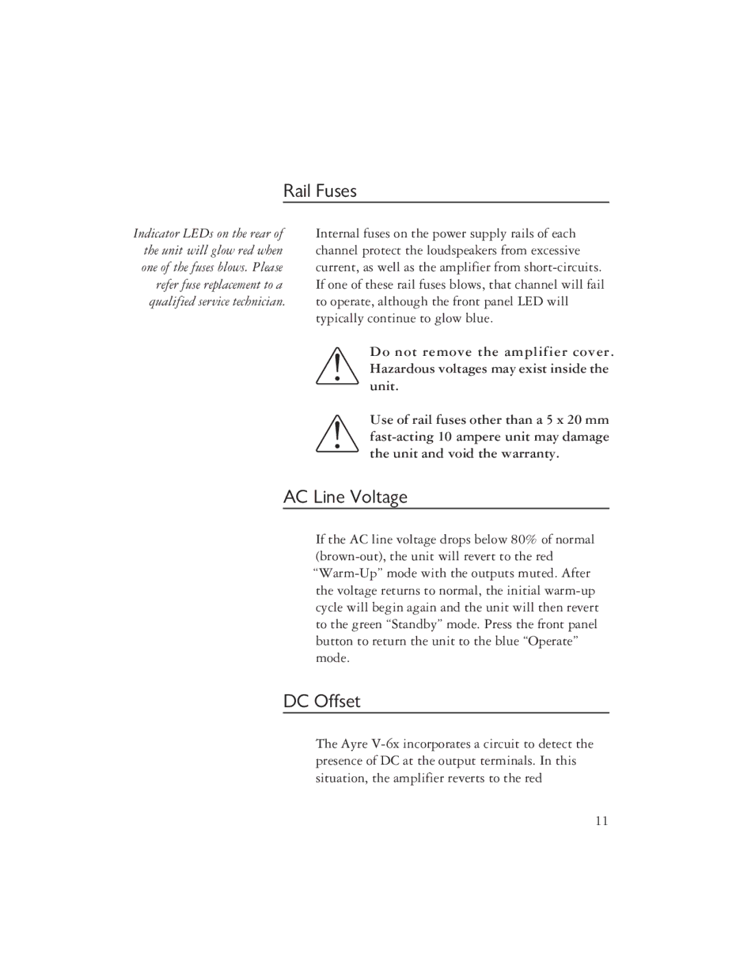 Ayre Acoustics V-6x owner manual Rail Fuses, AC Line Voltage, DC Offset 