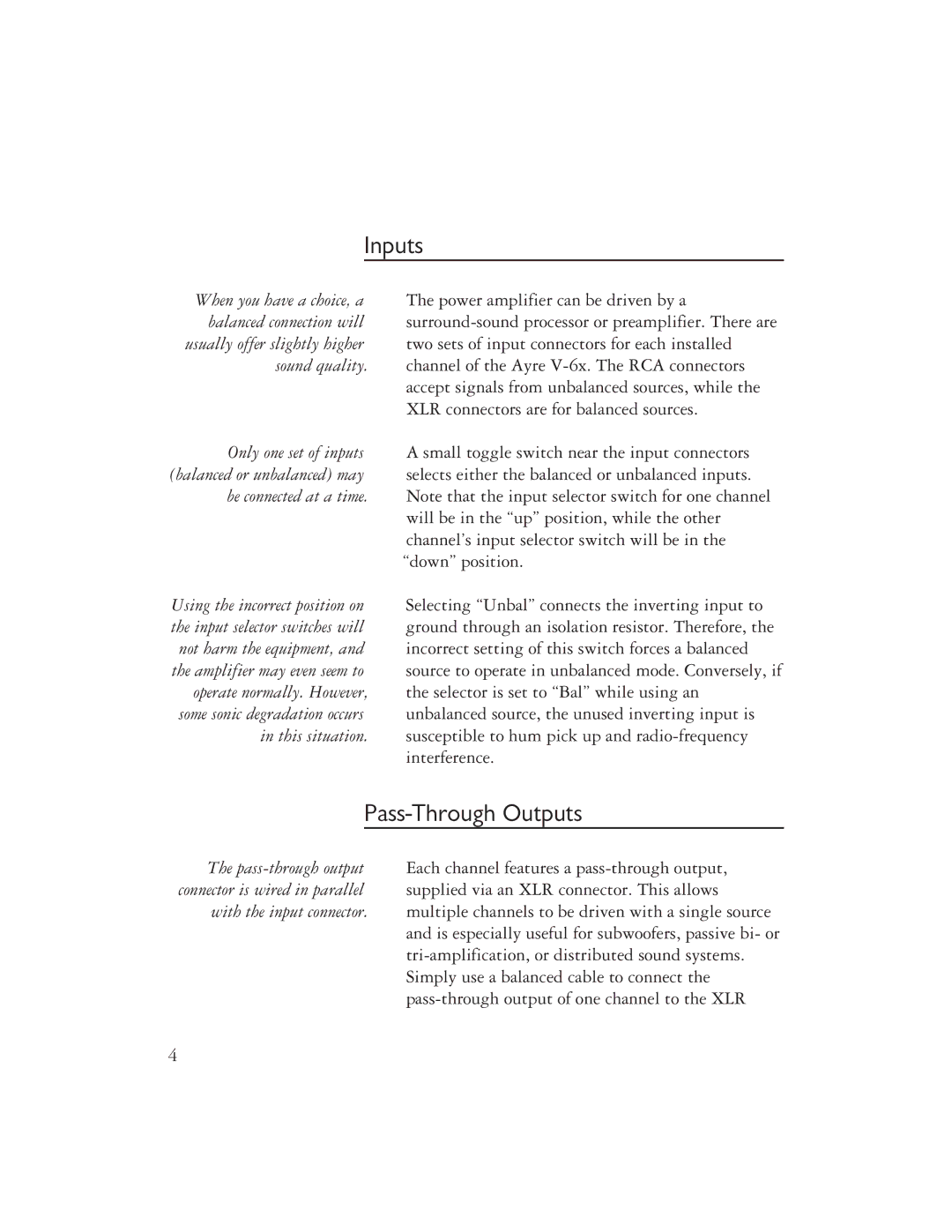 Ayre Acoustics V-6x owner manual Inputs, Pass-Through Outputs 