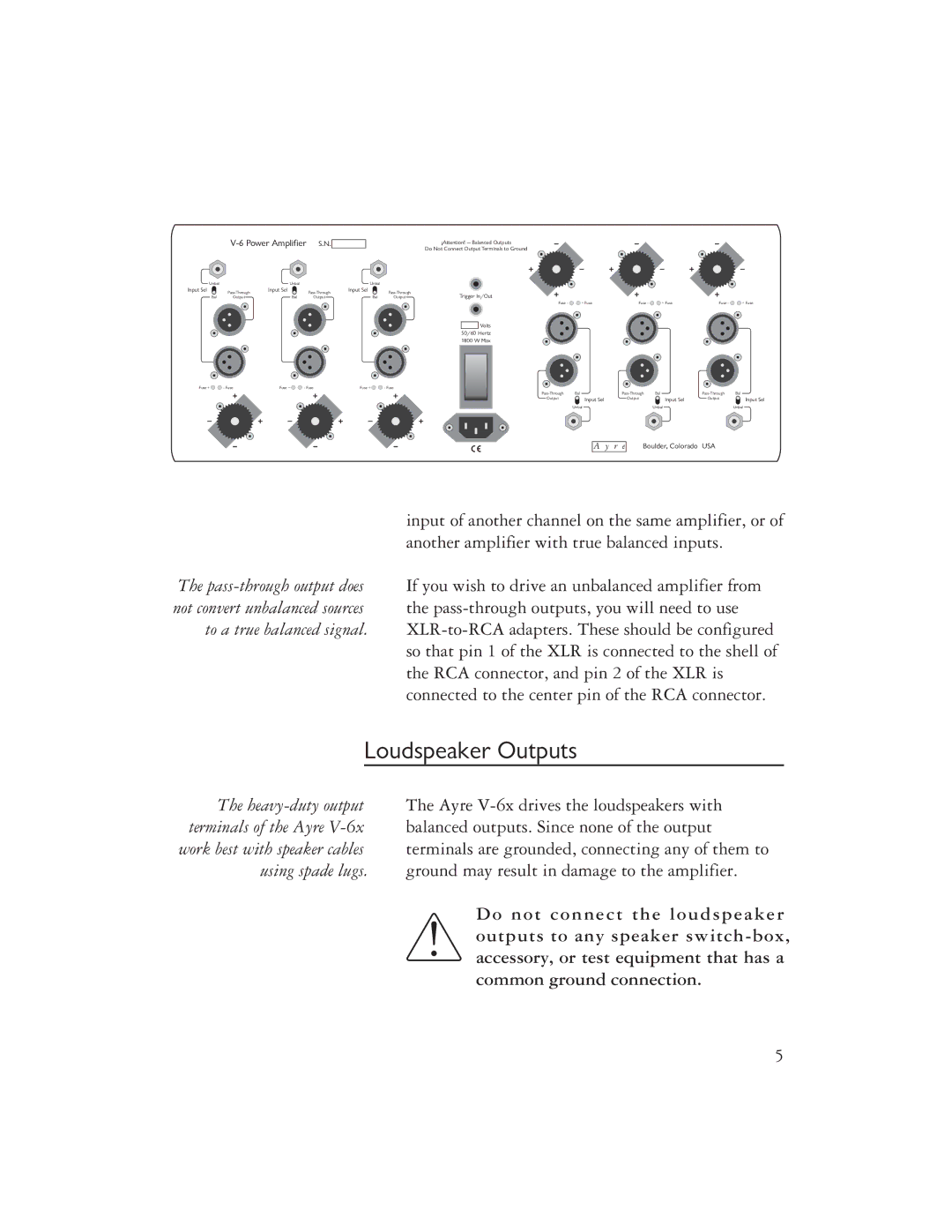 Ayre Acoustics V-6x owner manual Loudspeaker Outputs, Power Amplifier S.N 