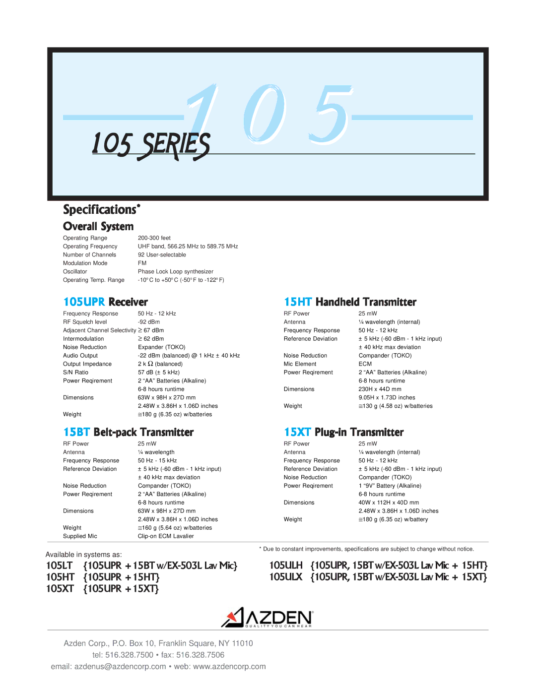 Azden 105 Series manual Specifications, Overall System, 105UPR Receiver 15HT Handheld Transmitter, Ecm 