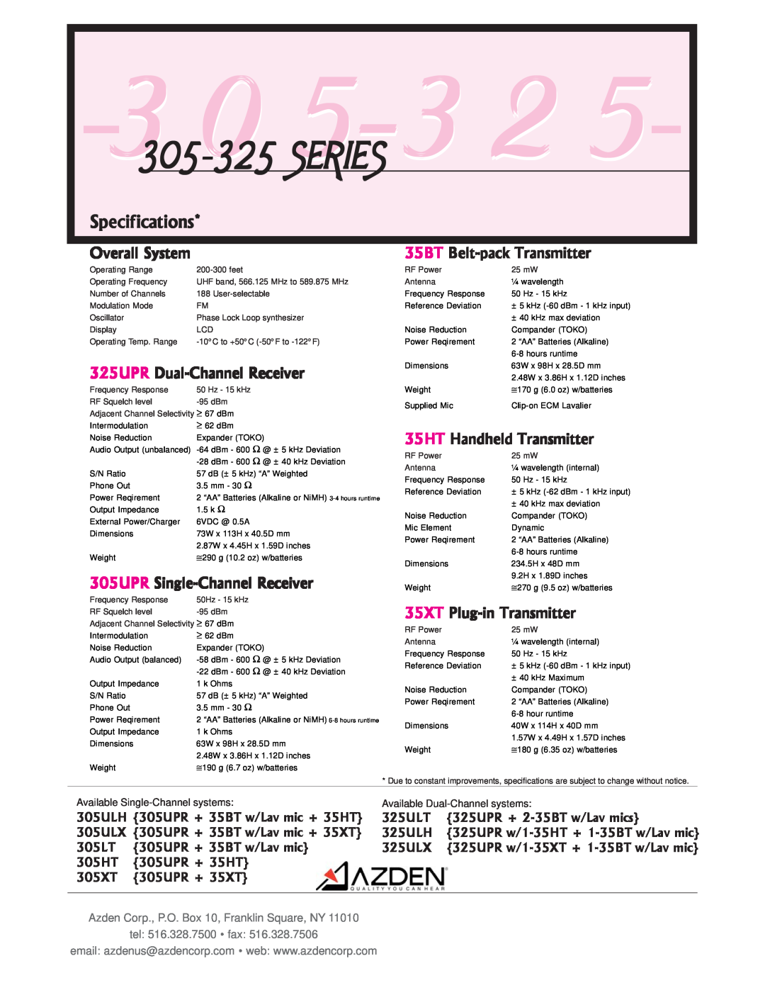 Azden 35XT Specifications, 3 0 5-3 2, Series, Overall System, 35BT Belt-pack Transmitter, 325UPR Dual-Channel Receiver 