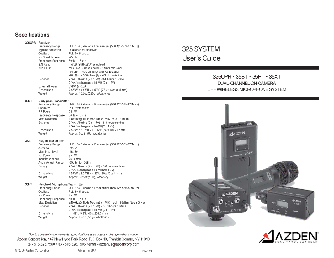 Azden 35BT, 35HT, 35XT, 325UPR specifications System User’s Guide 