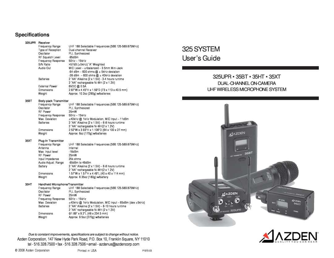 Azden 35BT specifications tel - 516.328.7500 fax - 516.328.7506 email - azdenus@azdencorp.com, SYSTEM User’s Guide, 35XT 