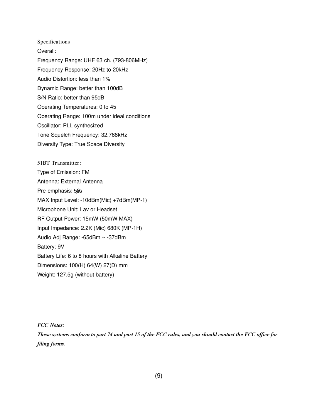 Azden 51HT, 51XT, 511DRH, 411UDR owner manual Specifications, 51BT Transmitter 