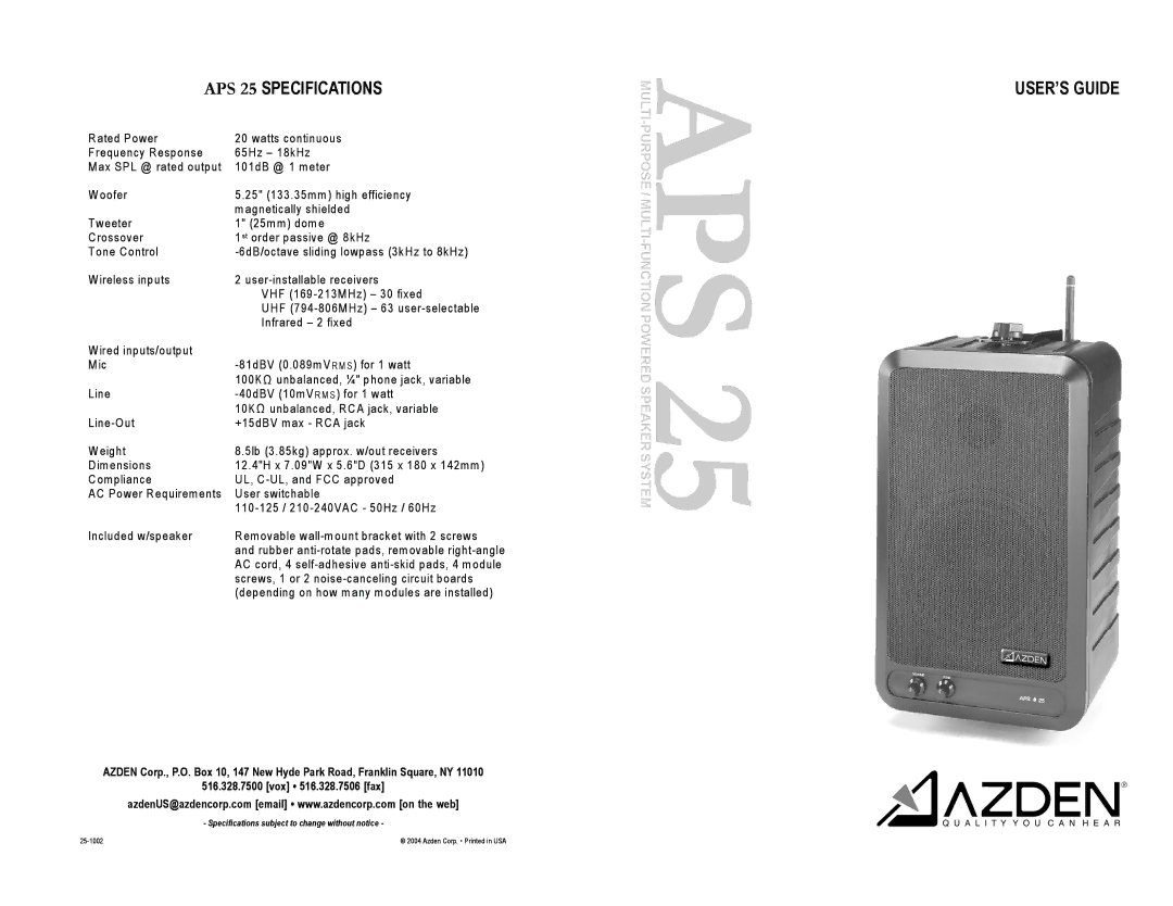 Azden ASP 25 specifications APS 25 Specifications 