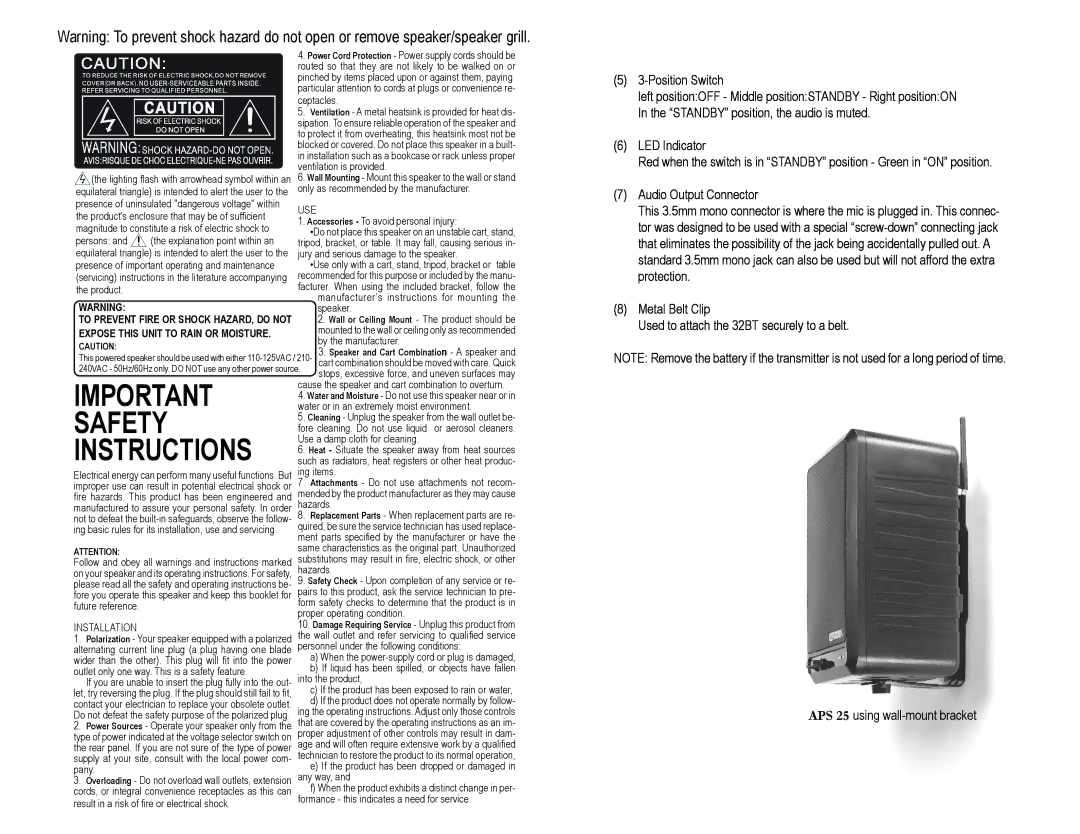 Azden ASP 25 specifications Safety 