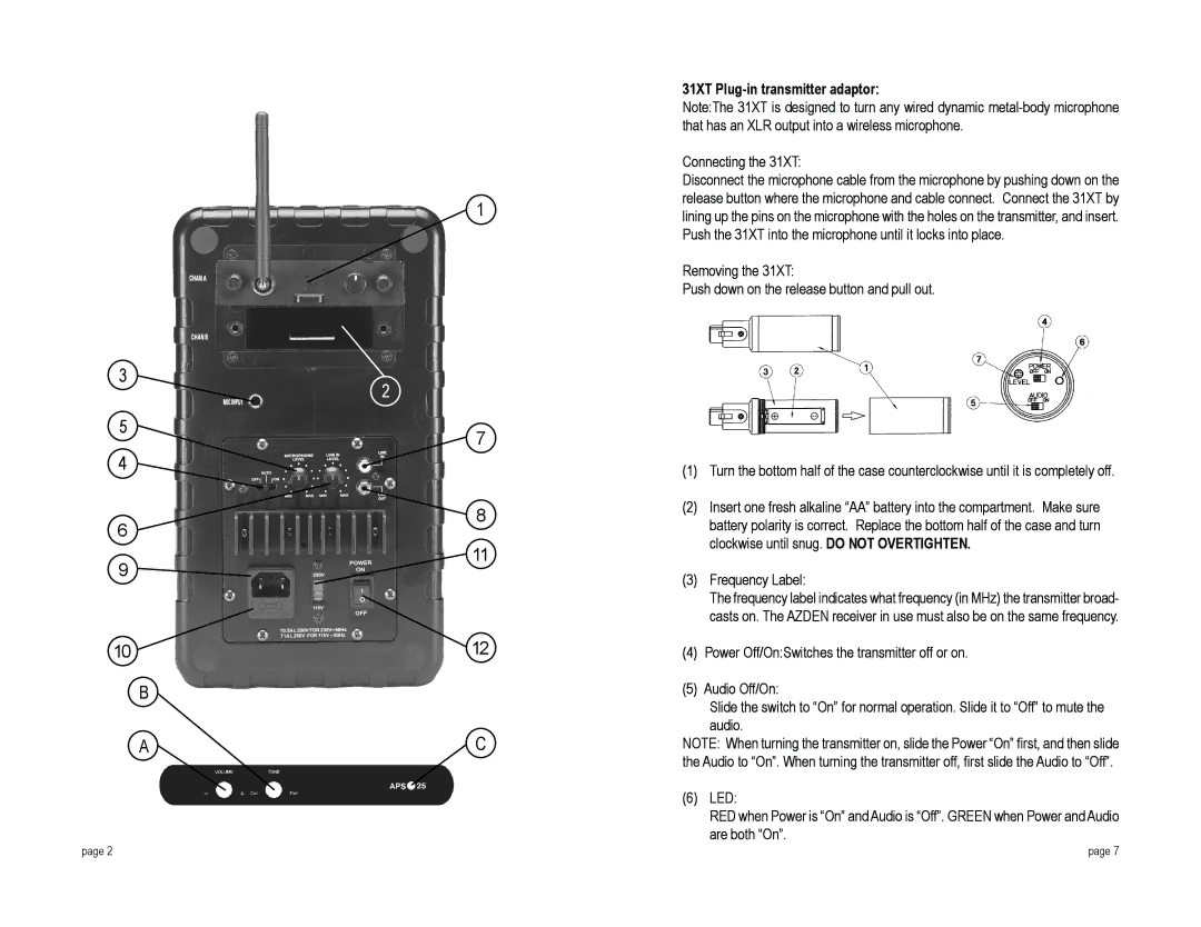 Azden ASP 25 specifications 31XT Plug-in transmitter adaptor 