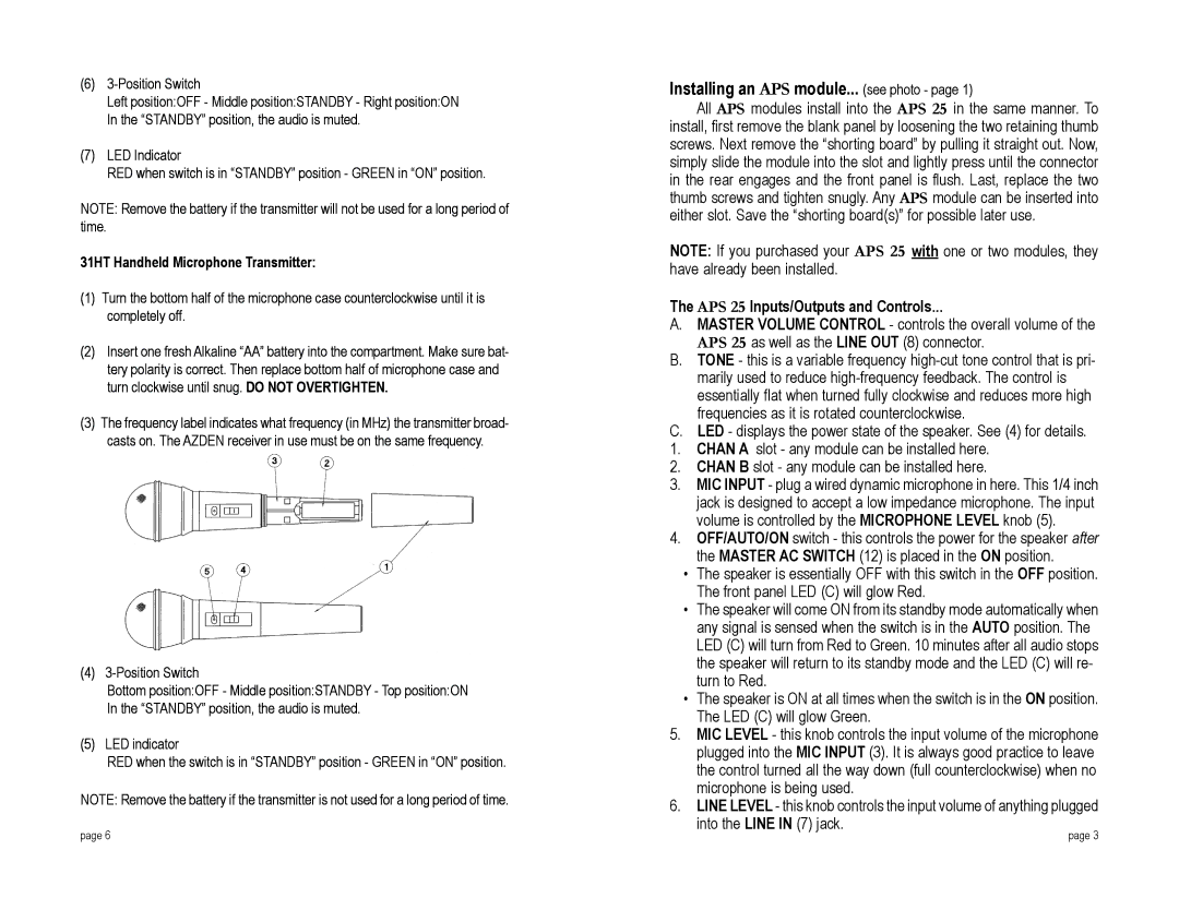 Azden ASP 25 specifications Installing an APS module... see photo, APS 25 Inputs/Outputs and Controls 