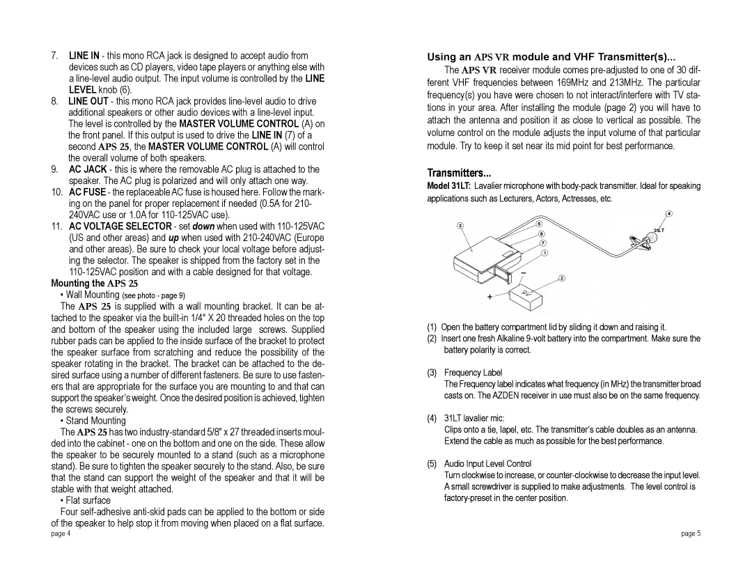 Azden ASP 25 specifications Mounting the APS, Using an APS VR module and VHF Transmitters 