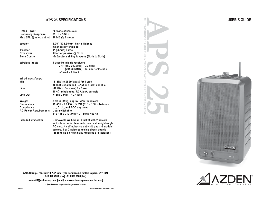 Azden ASP 25 specifications APS 25 SPECIFICATIONS, User’S Guide 