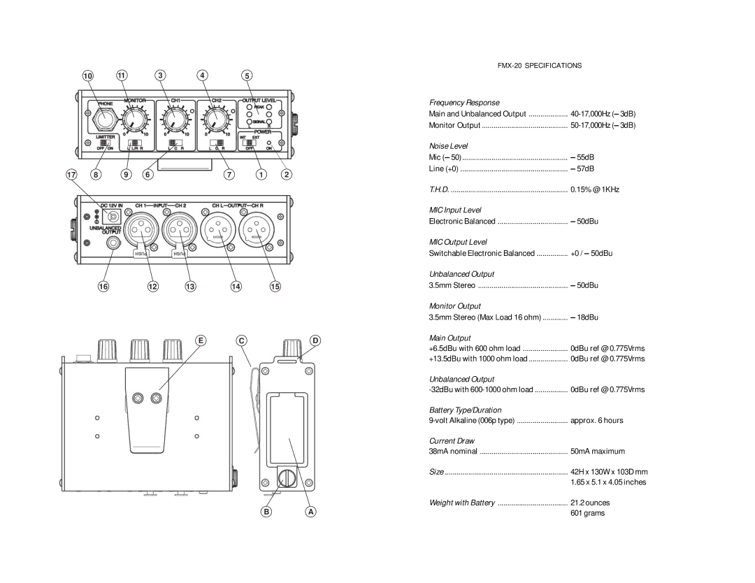 Azden FMX-20 manual 50-17,000Hz 3dB, Noise Level, 55dB, 57dB, 15% @ 1KHz, MIC Input Level 50dBu, Approx hours, Current Draw 