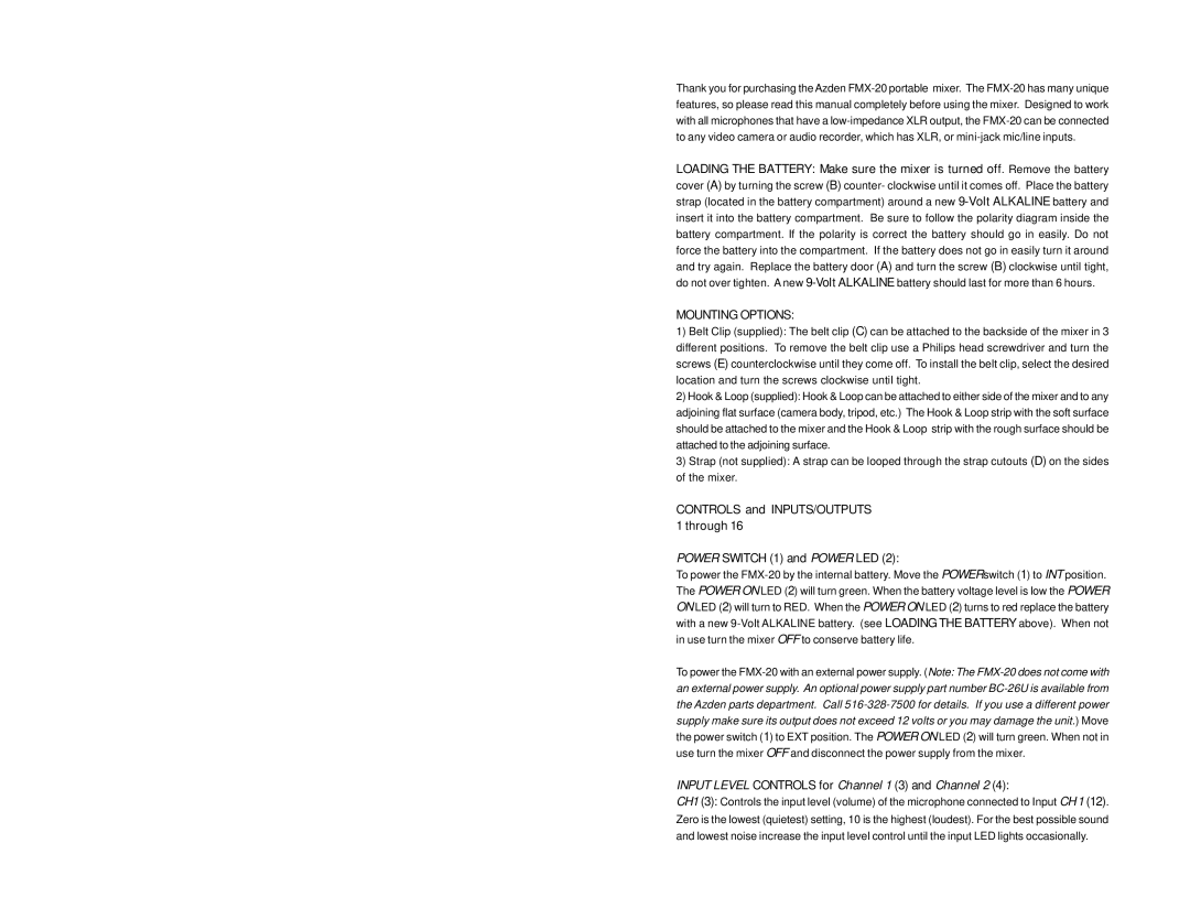 Azden FMX-20 manual Mounting Options, Input Level Controls for Channel 1 3 and Channel 2 