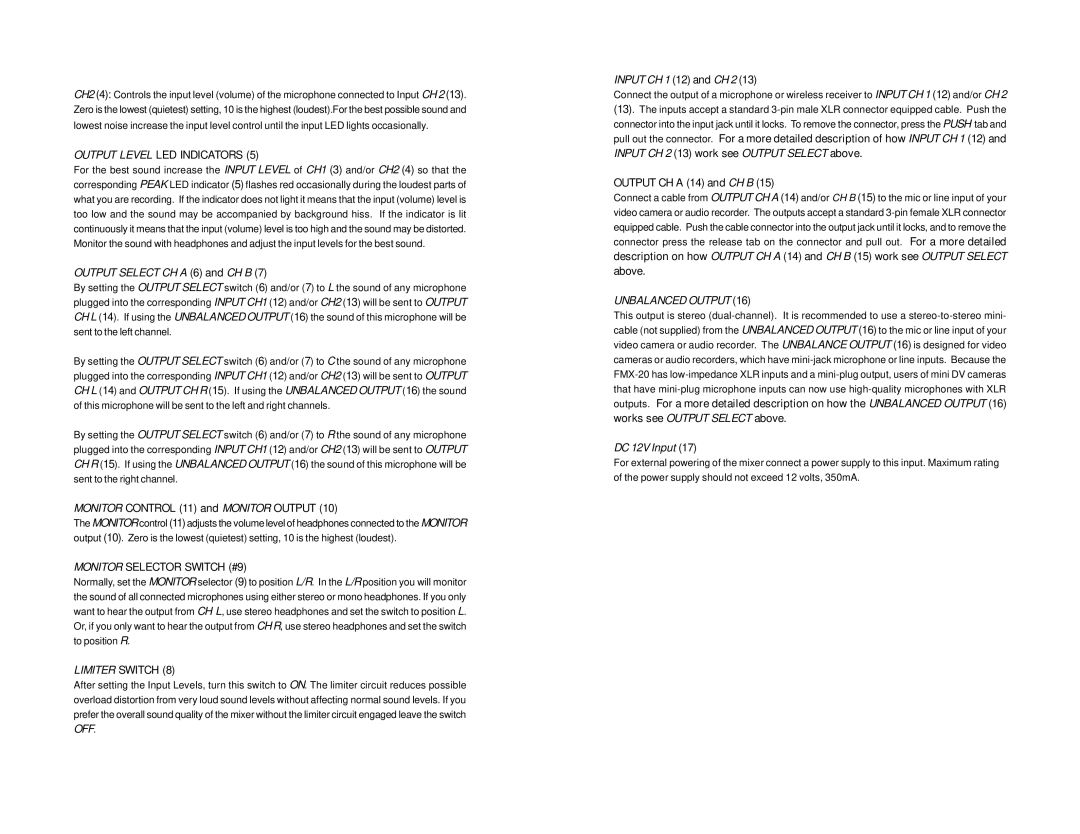 Azden FMX-20 manual Output Select CH a 6 and CH B, Input CH 1 12 and CH 2, Input CH 2 13 work see Output Select above 
