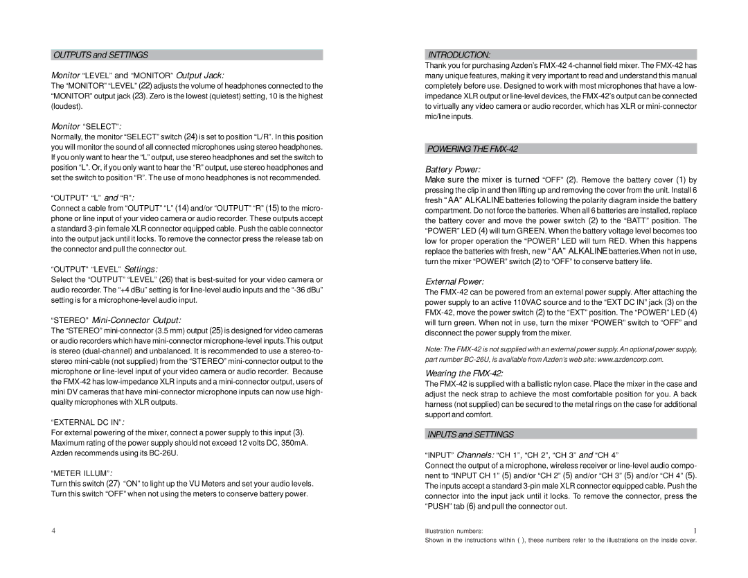 Azden FMX-42 Outputs and Settings Monitor Level and Monitor Output Jack, Monitor Select, Stereo Mini-Connector Output 