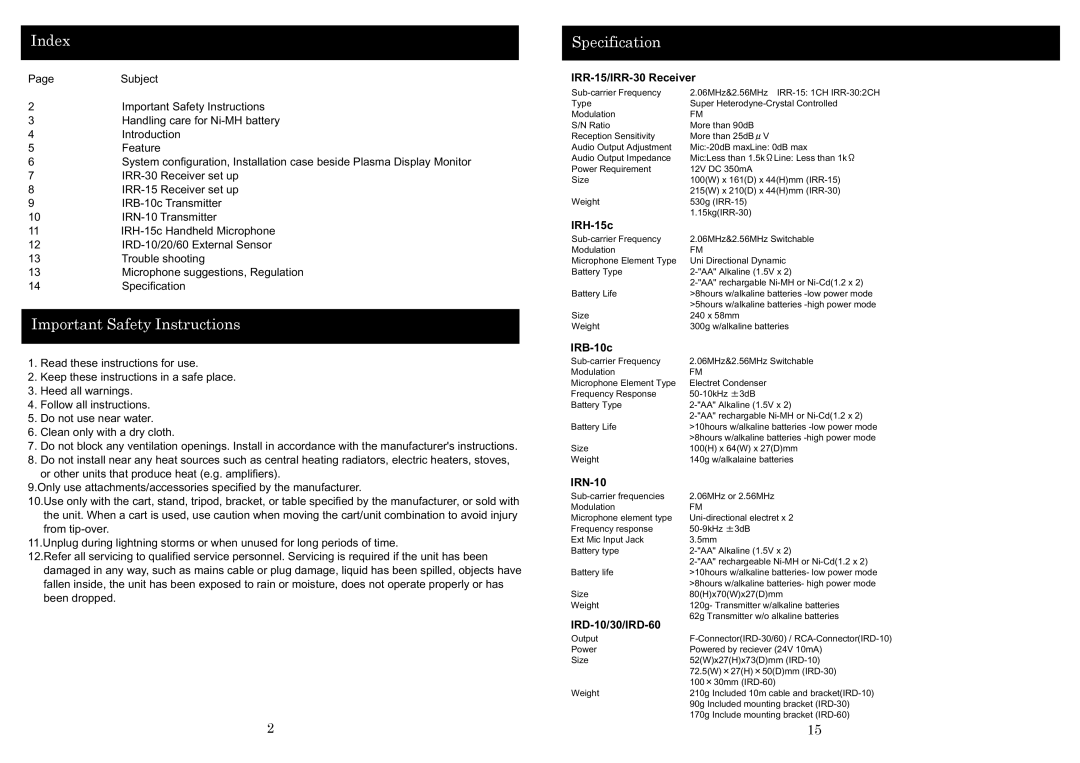 Azden IRH15C specifications Index, Important Safety Instructions, Specification 