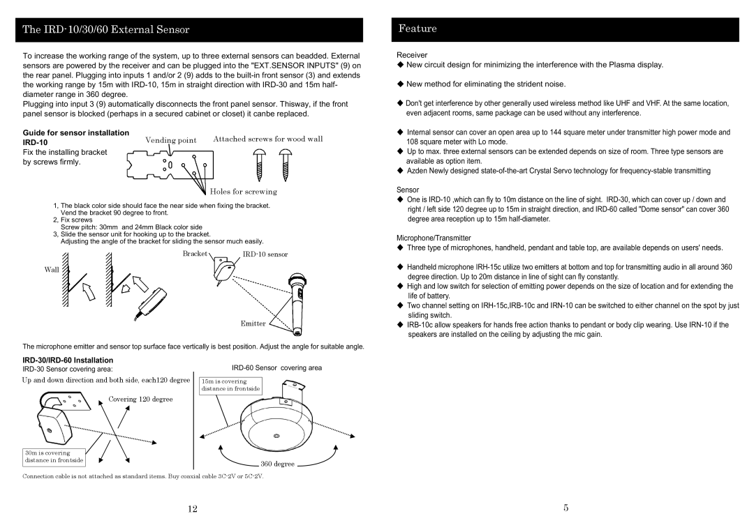 Azden IRH15C IRD-10/30/60 External Sensor, Feature, Guide for sensor installation, IRD-30/IRD-60 Installation 