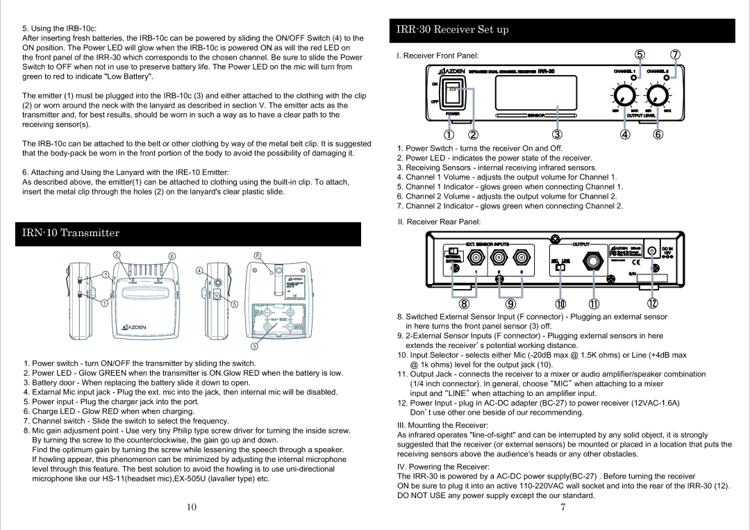 Azden IRH15C specifications IRN-10 Transmitter, IRR-30 Receiver Set up, ⑩ ⑪, ① ② ④ ⑥, Receiver Front Panel 