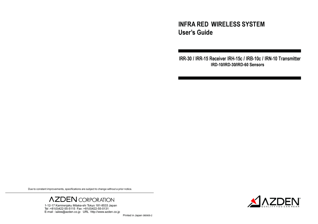 Azden IRH15C specifications INFRA RED WIRELESS SYSTEM User’s Guide, IRD-10/IRD-30/IRD-60Sensors 