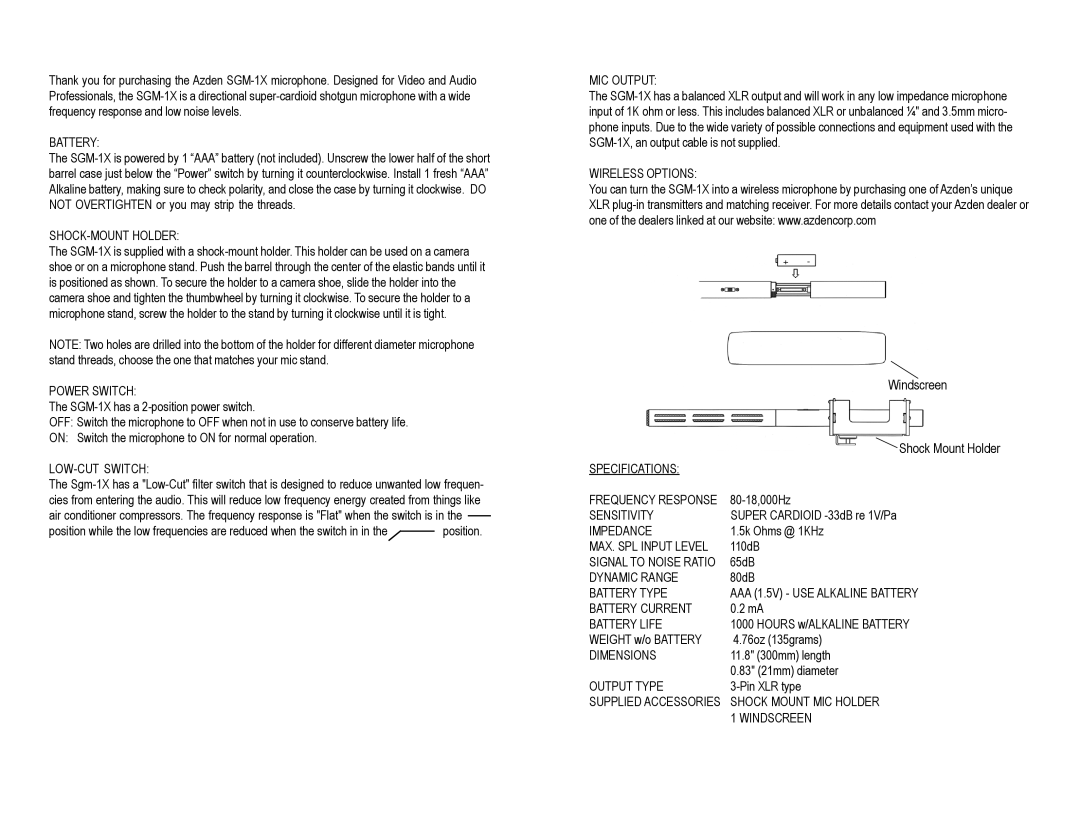 Azden SGM-1X manual Battery, SHOCK-MOUNT Holder, Power Switch, LOW-CUT Switch, MIC Output, Wireless Options, Sensitivity 