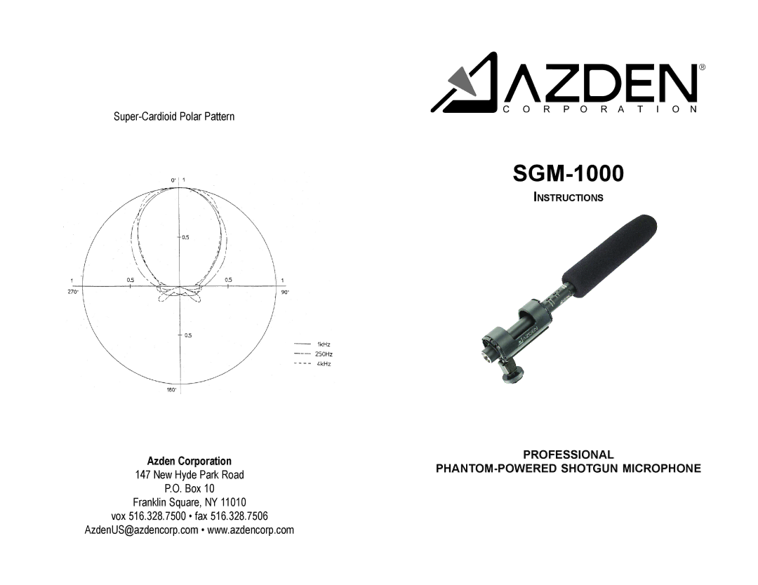 Azden SGM1000 manual SGM-1000, Azden Corporation, Professional, PHANTOM-POWERED Shotgun Microphone 