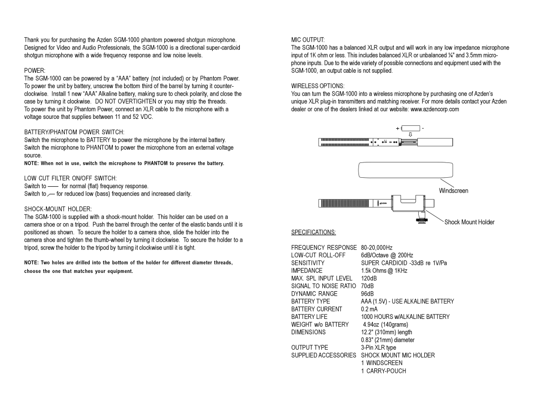 Azden SGM1000 BATTERY/PHANTOM Power Switch, LOW CUT Filter ON/OFF Switch, SHOCK-MOUNT Holder, MIC Output, Sensitivity 