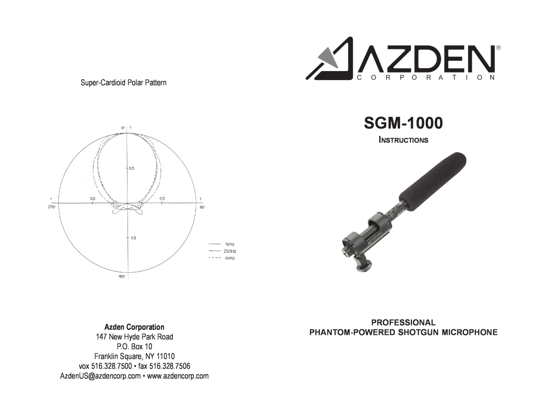 Azden SGM1000 manual SGM-1000, Super-Cardioid Polar Pattern, Azden Corporation, Professional, Franklin Square, NY 