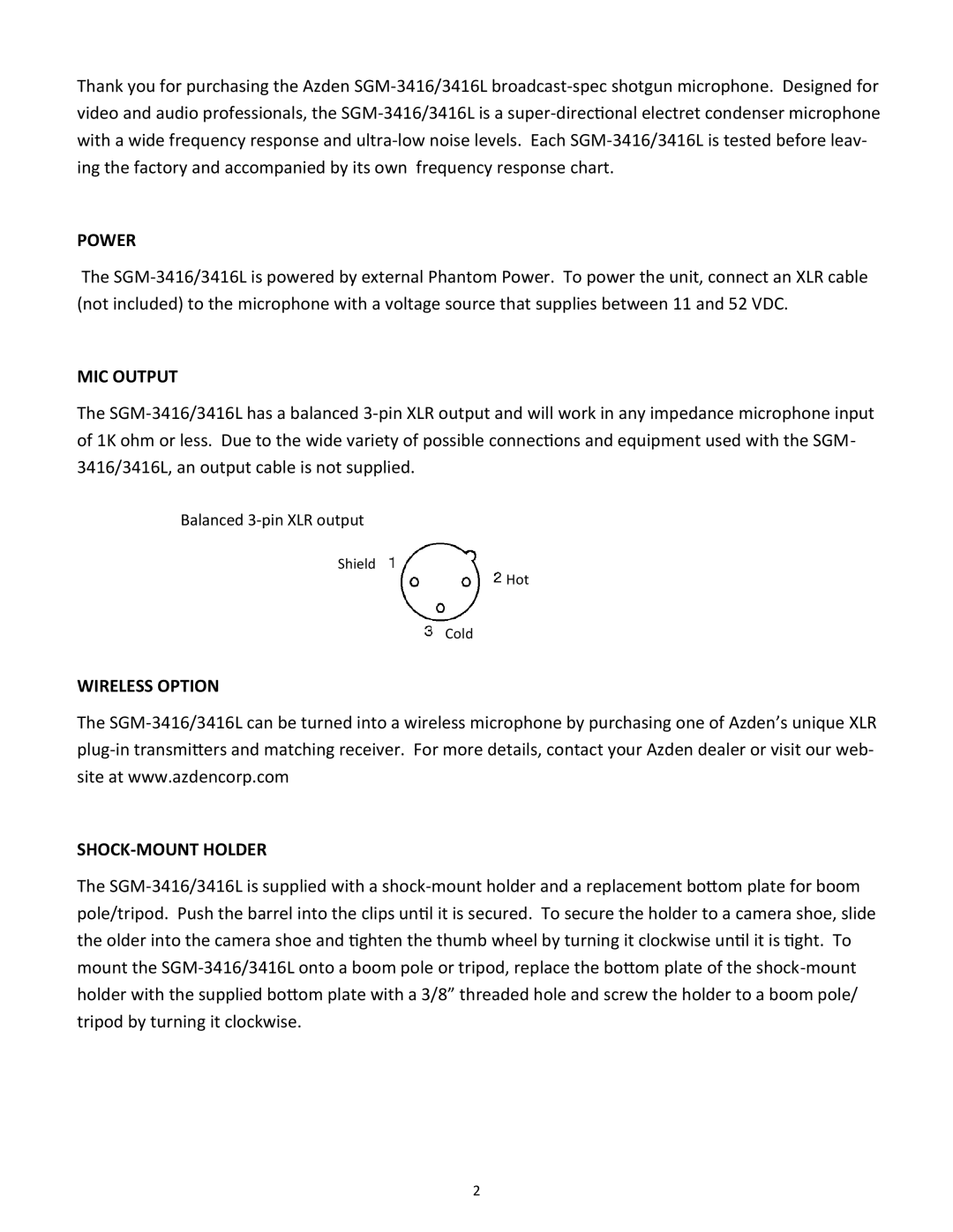 Azden SGM3416L manual Power, MIC Output, Wireless Option SHOCK-MOUNT Holder 