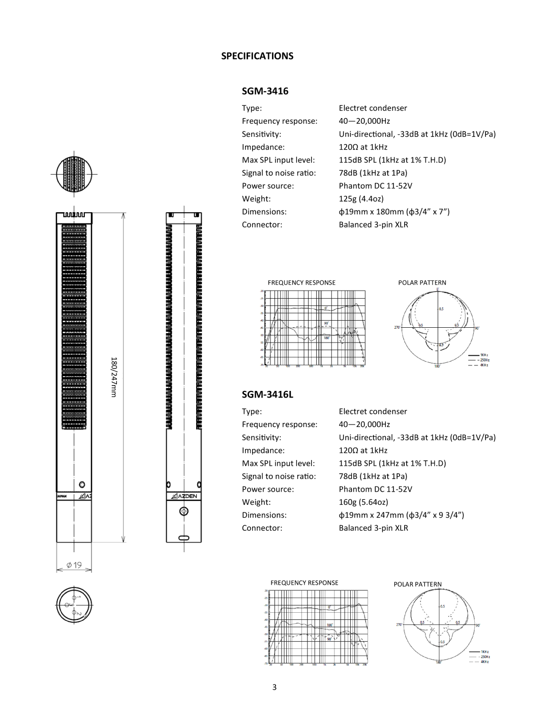 Azden SGM3416L manual Specifications, SGM-3416 