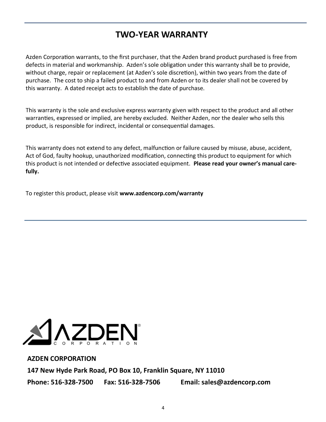 Azden SGM3416L manual TWO-YEAR Warranty 