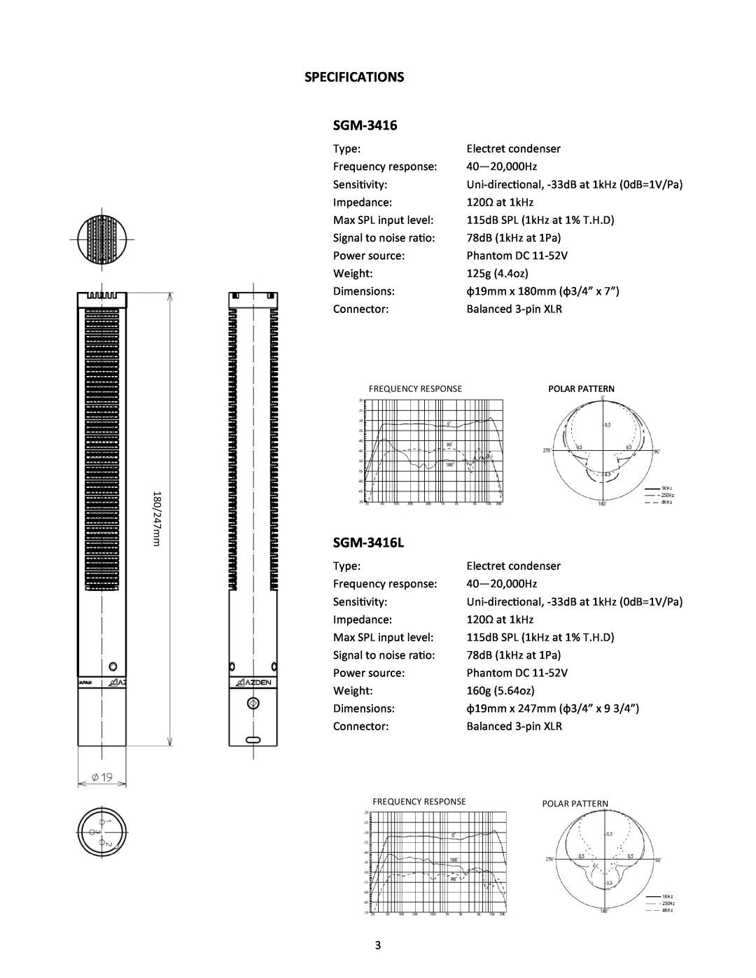 Azden SGM3416L manual SPECIFICATIONS SGM-3416, SGM-3416L, 180/247mm 