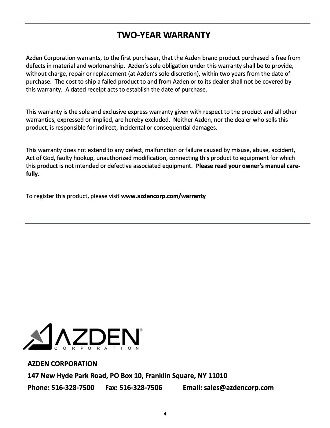 Azden SGM3416L manual Two-Year Warranty, Azden Corporation, New Hyde Park Road, PO Box 10, Franklin Square, NY 