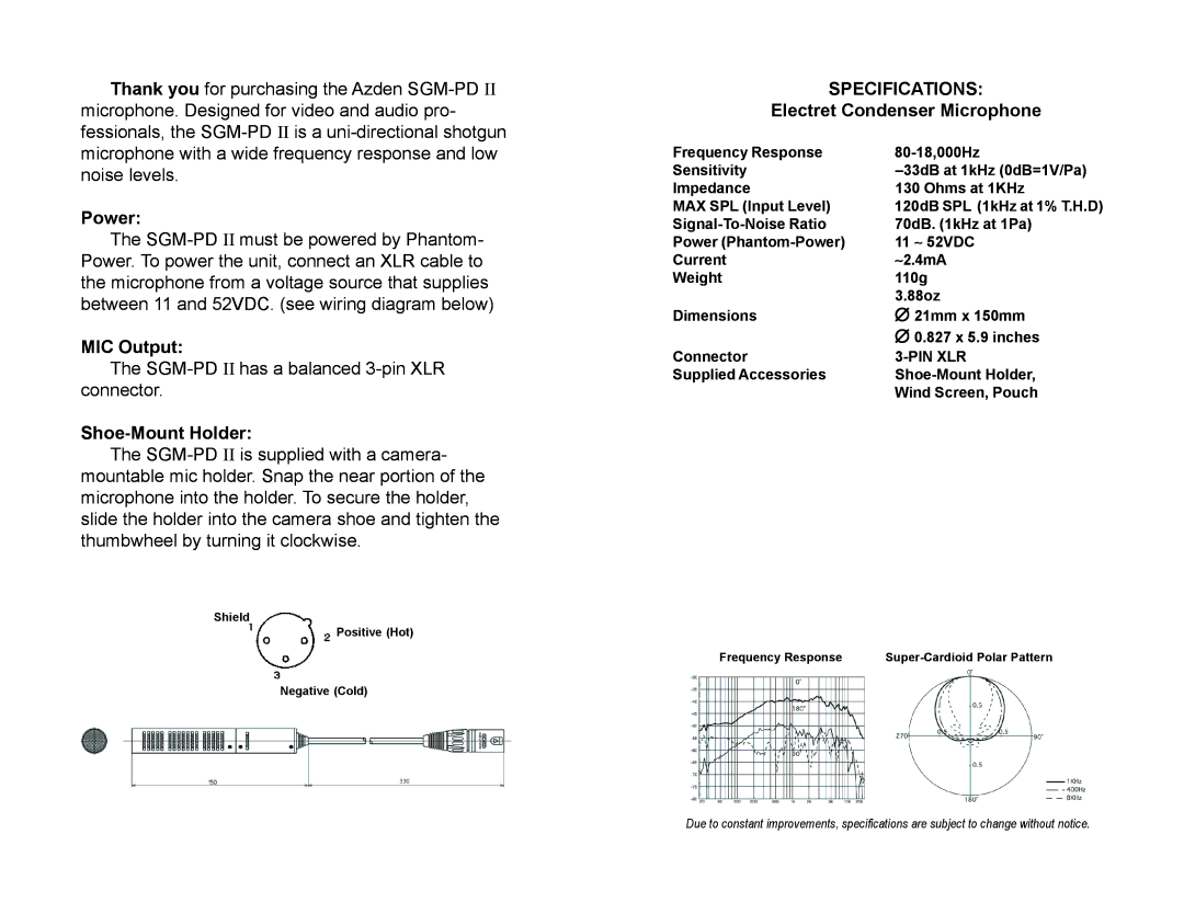 Azden SGMPDII warranty Power, MIC Output, Shoe-Mount Holder, Specifications, Electret Condenser Microphone 