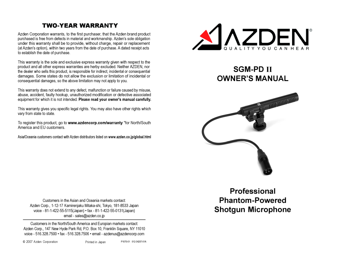 Azden SGMPDII warranty SGM-PD OWNER’S MANUAL Professional Phantom-Powered Shotgun Microphone, Two-Year Warranty 