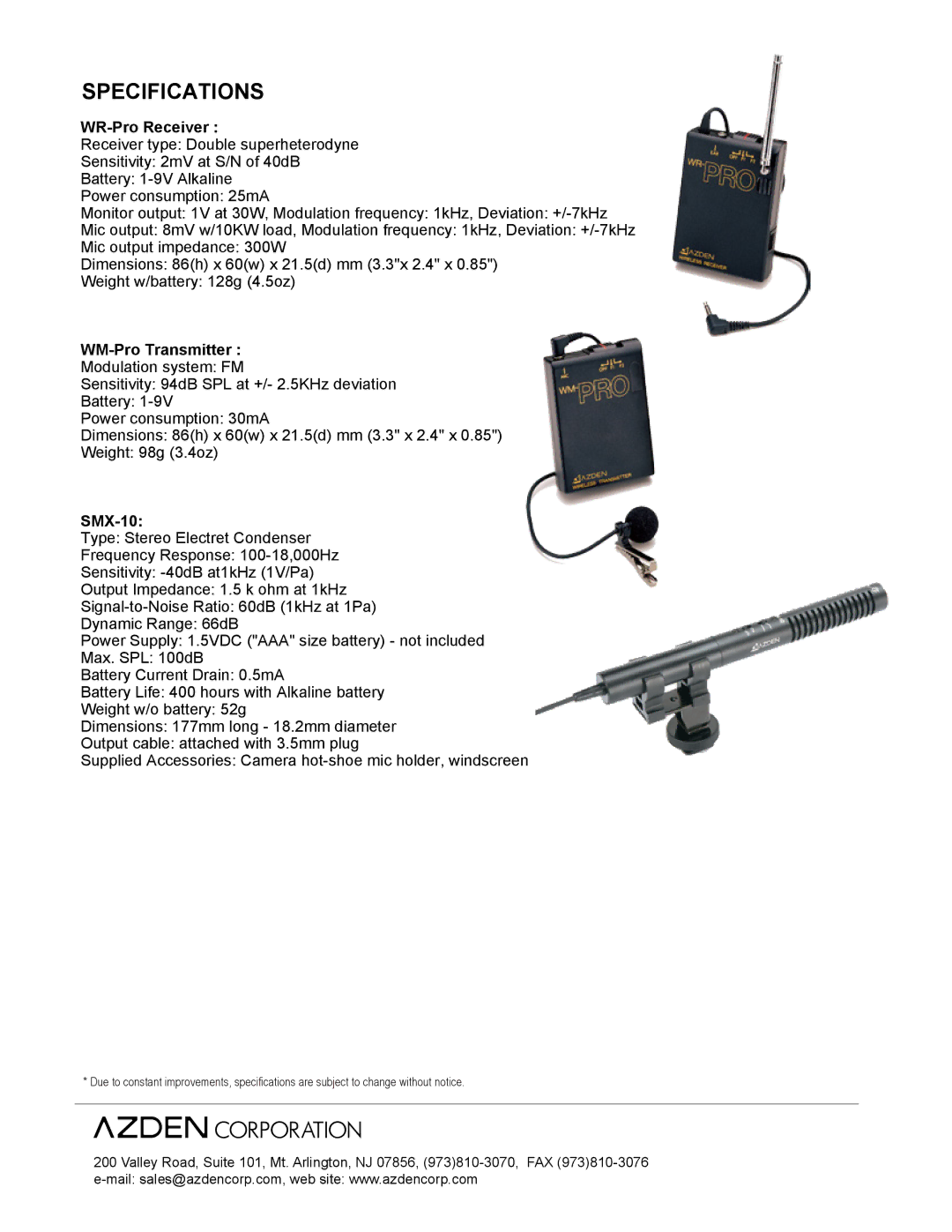 Azden WHDPRO manual Specifications, WR-Pro Receiver, WM-Pro Transmitter Modulation system FM, SMX-10 