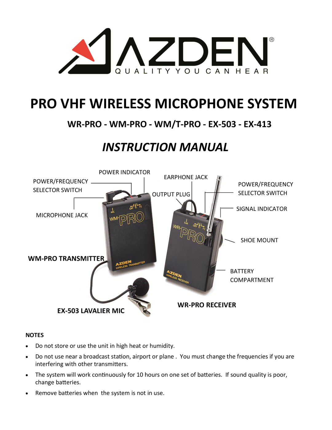 Azden WLTPRO instruction manual WM-PRO Transmitter, EX-503 Lavalier MIC WR-PRO Receiver 