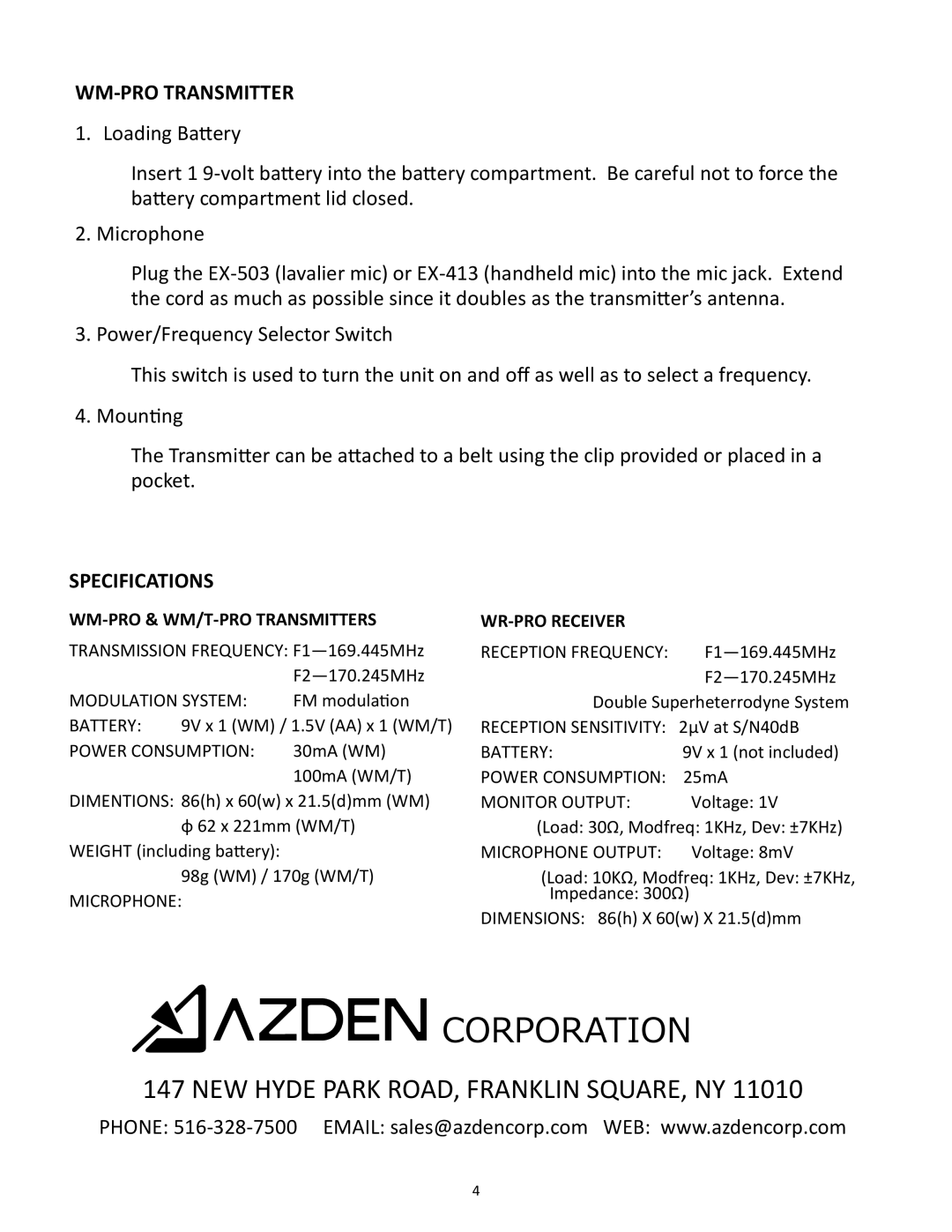 Azden WLTPRO instruction manual Specifications, WM-PRO & WM/T-PRO Transmitters 