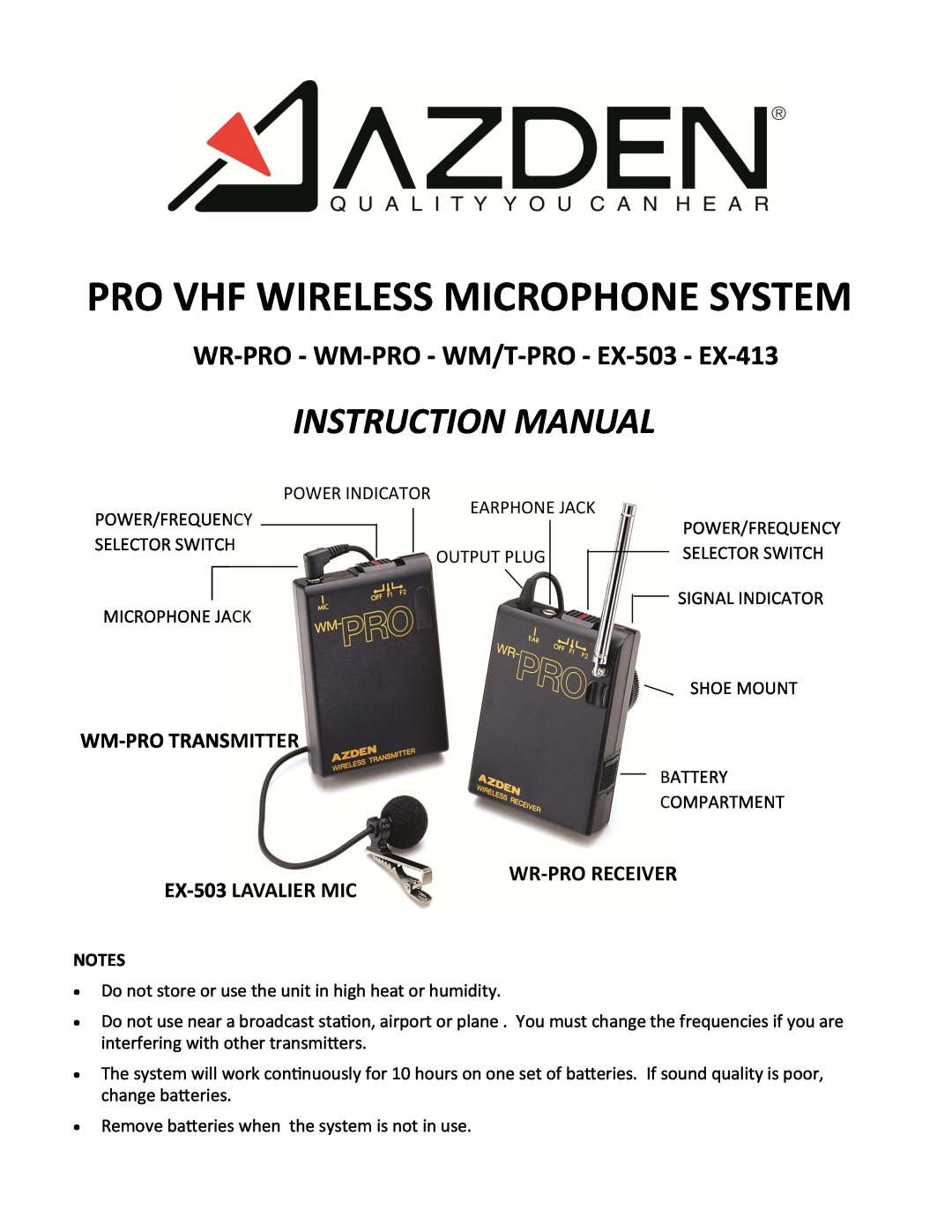 Azden WLTPRO instruction manual Wm-Protransmitter, EX-503LAVALIER MIC, Wr-Proreceiver, Pro Vhf Wireless Microphone System 
