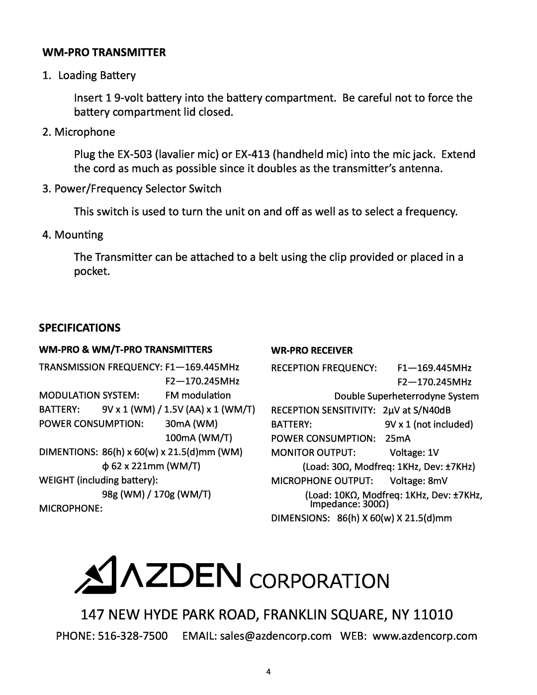 Azden WLTPRO instruction manual Specifications, Corporation, New Hyde Park Road, Franklin Square, Ny, Wm-Protransmitter 