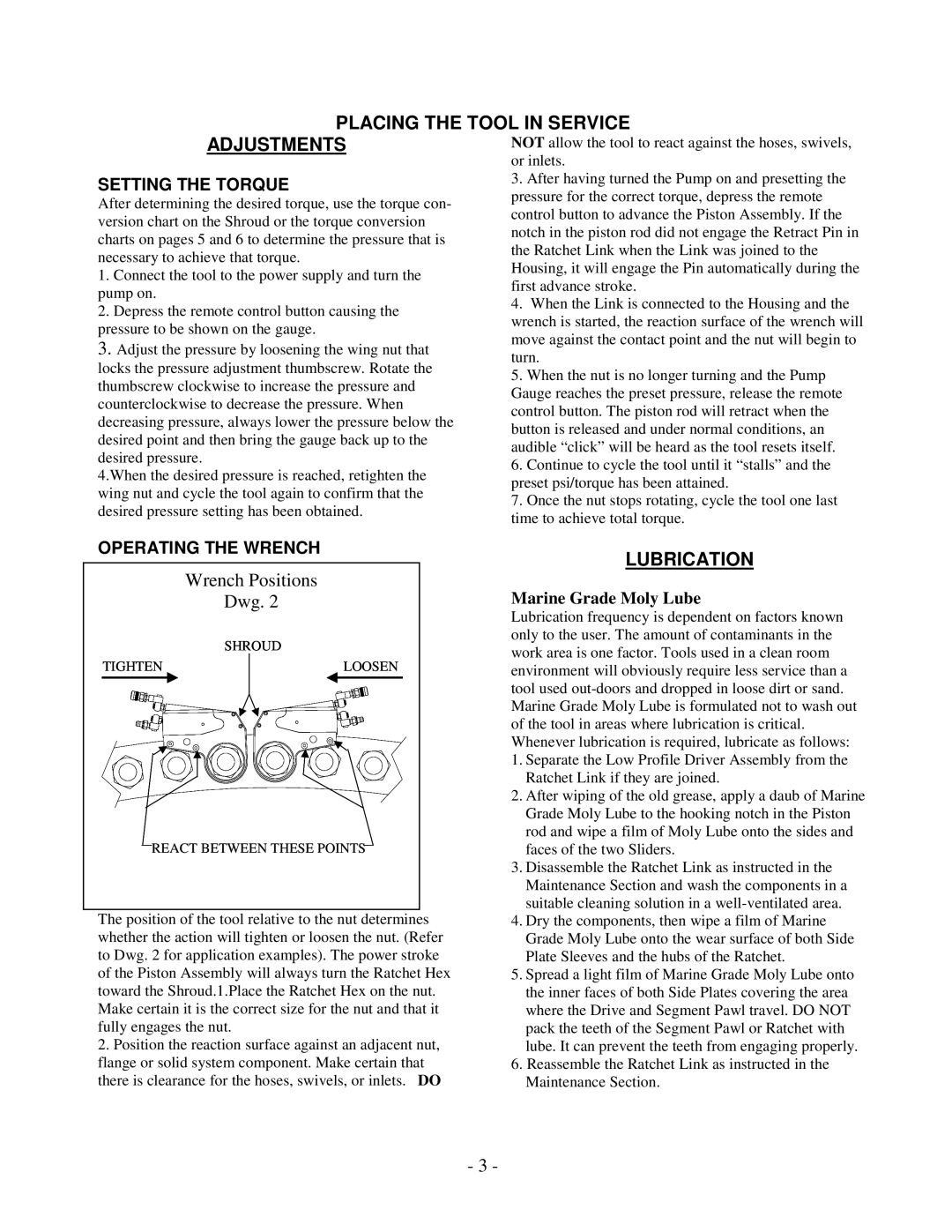 Aztech Systems 32, 16, 4, 8, TX 2 manual Placing the Tool in Service Adjustments, Marine Grade Moly Lube 