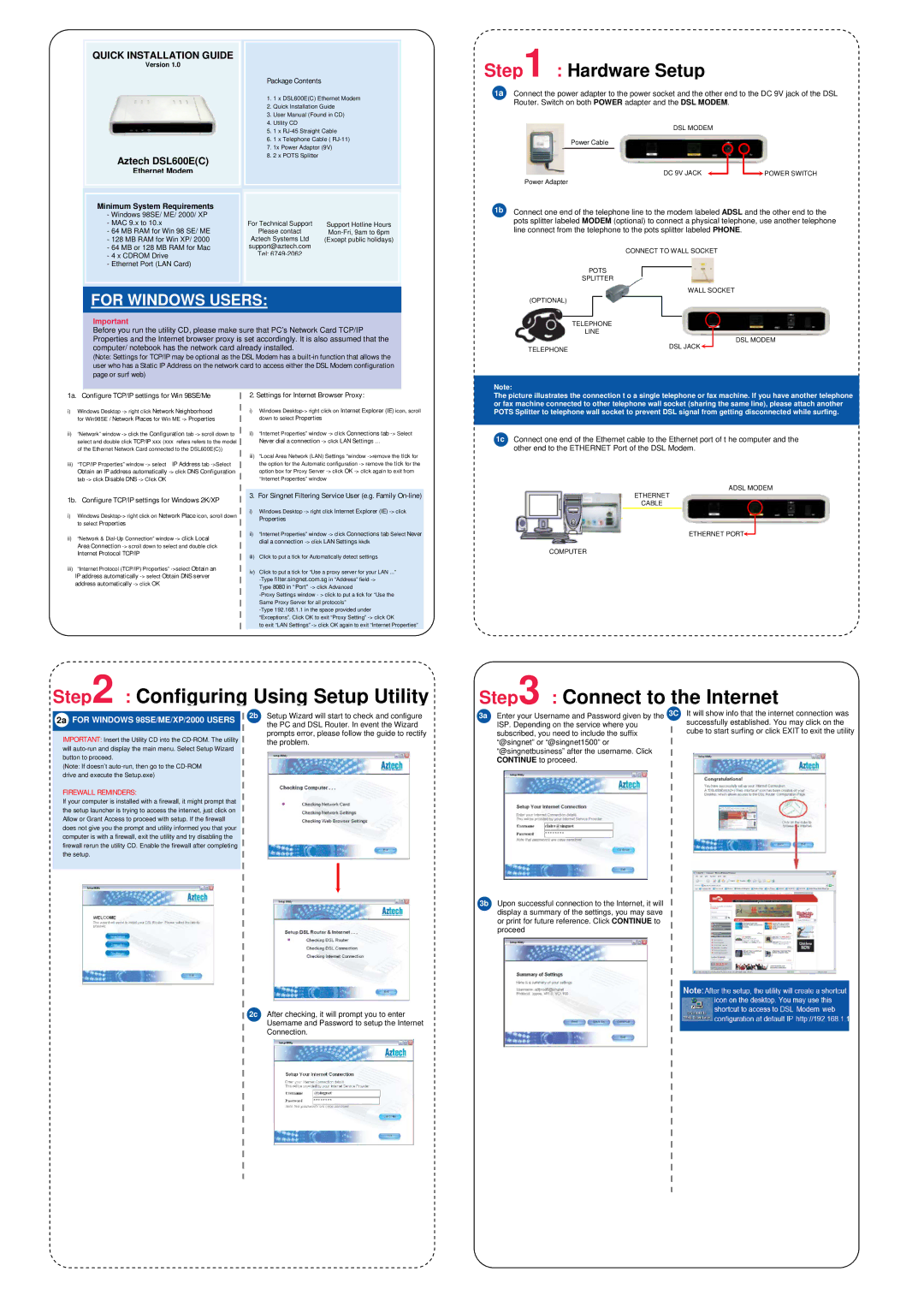 Aztech Systems DSL600E(C) user manual Configuring Using Setup Utility, Connect to the Internet, For Windows Users 