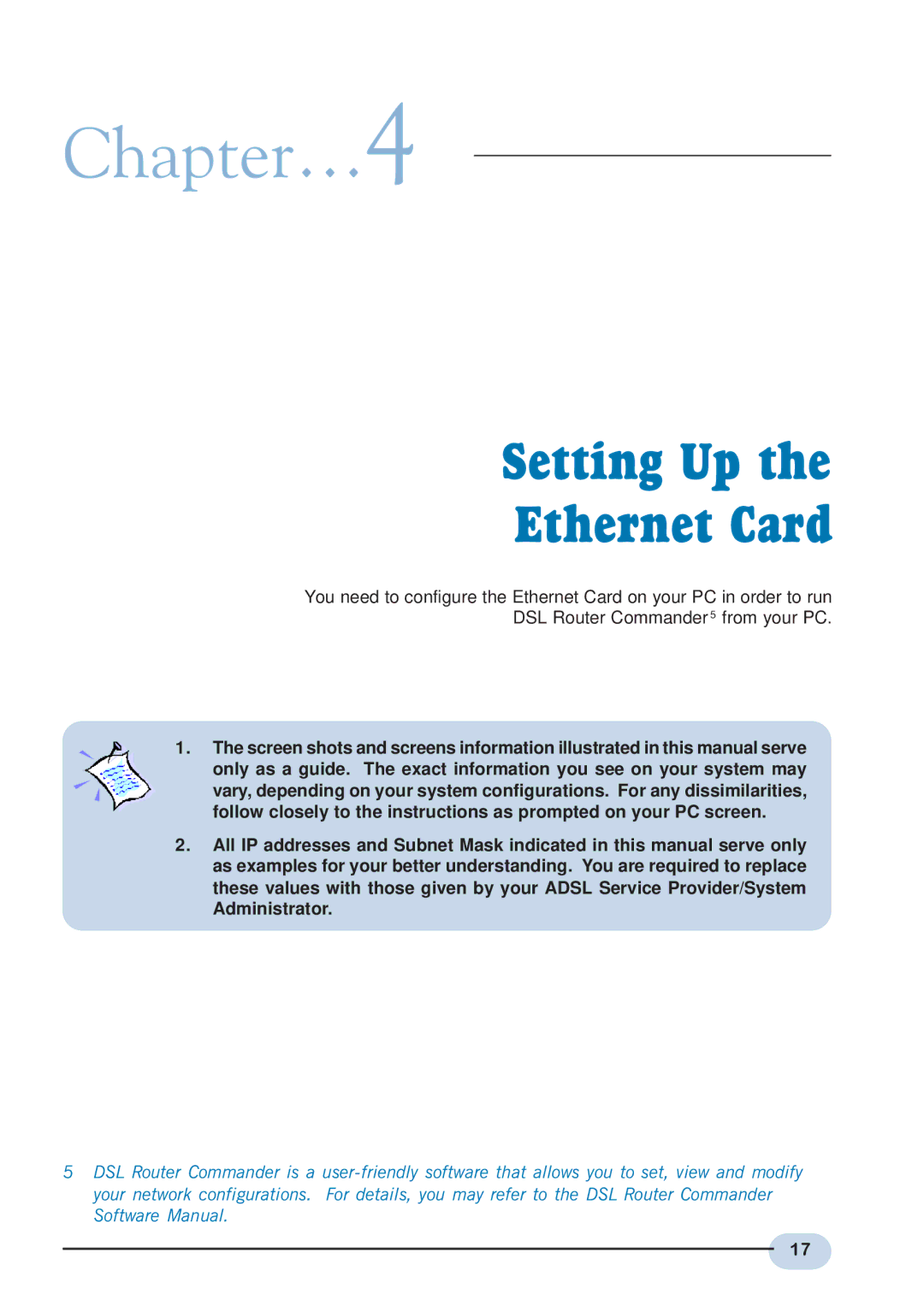 Aztech Systems DSL9100R user manual Chapter…4, Setting Up Ethernet Card 