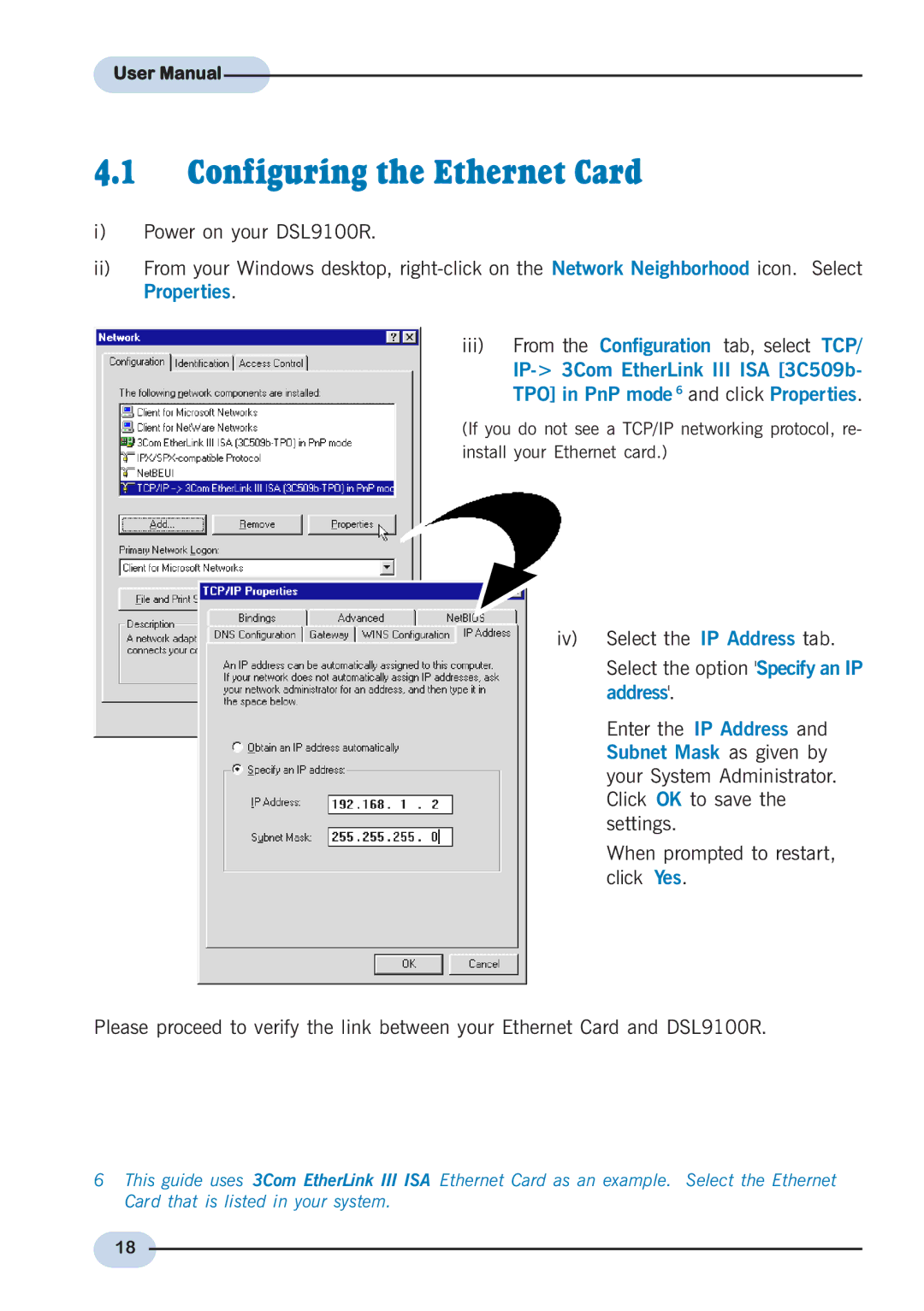 Aztech Systems DSL9100R user manual Configuring the Ethernet Card 